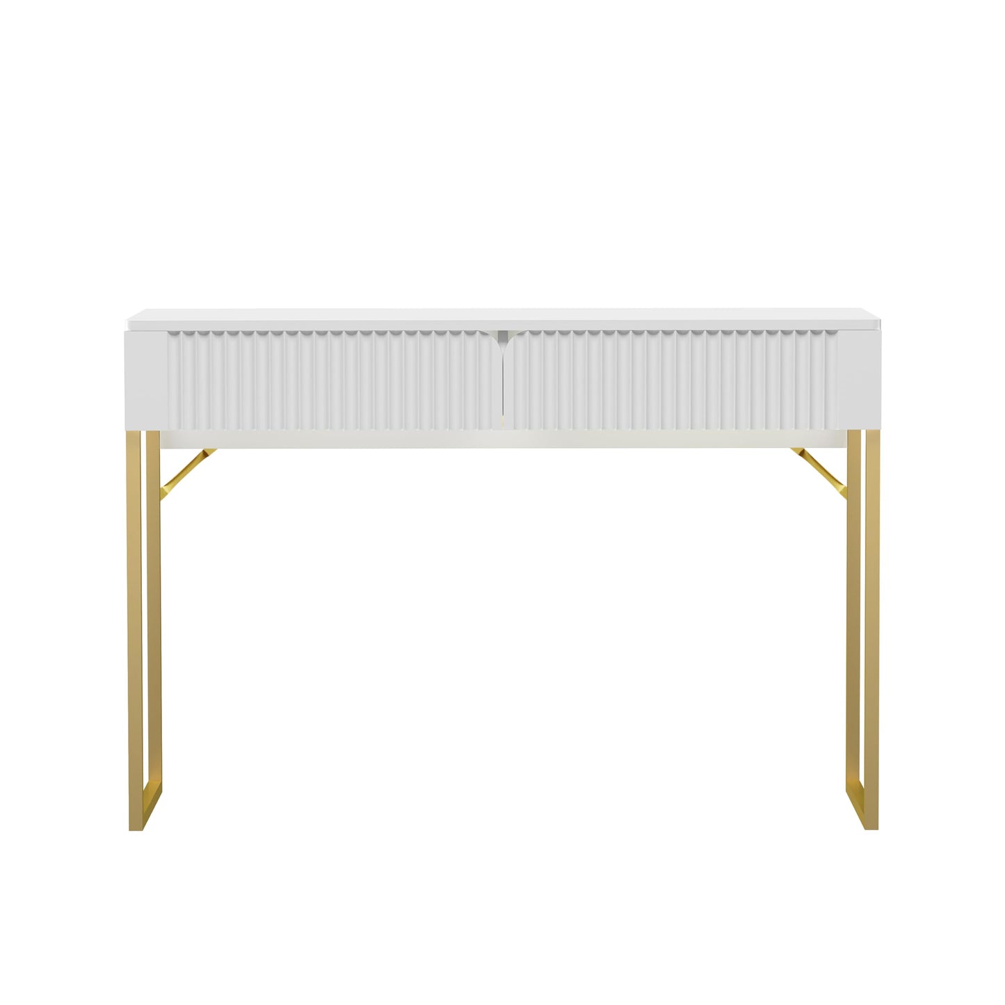 Free Standing White Elegant Fluted Wooden Computer Study Writing Desk Vanity Console Beauty Table With Golden Legs