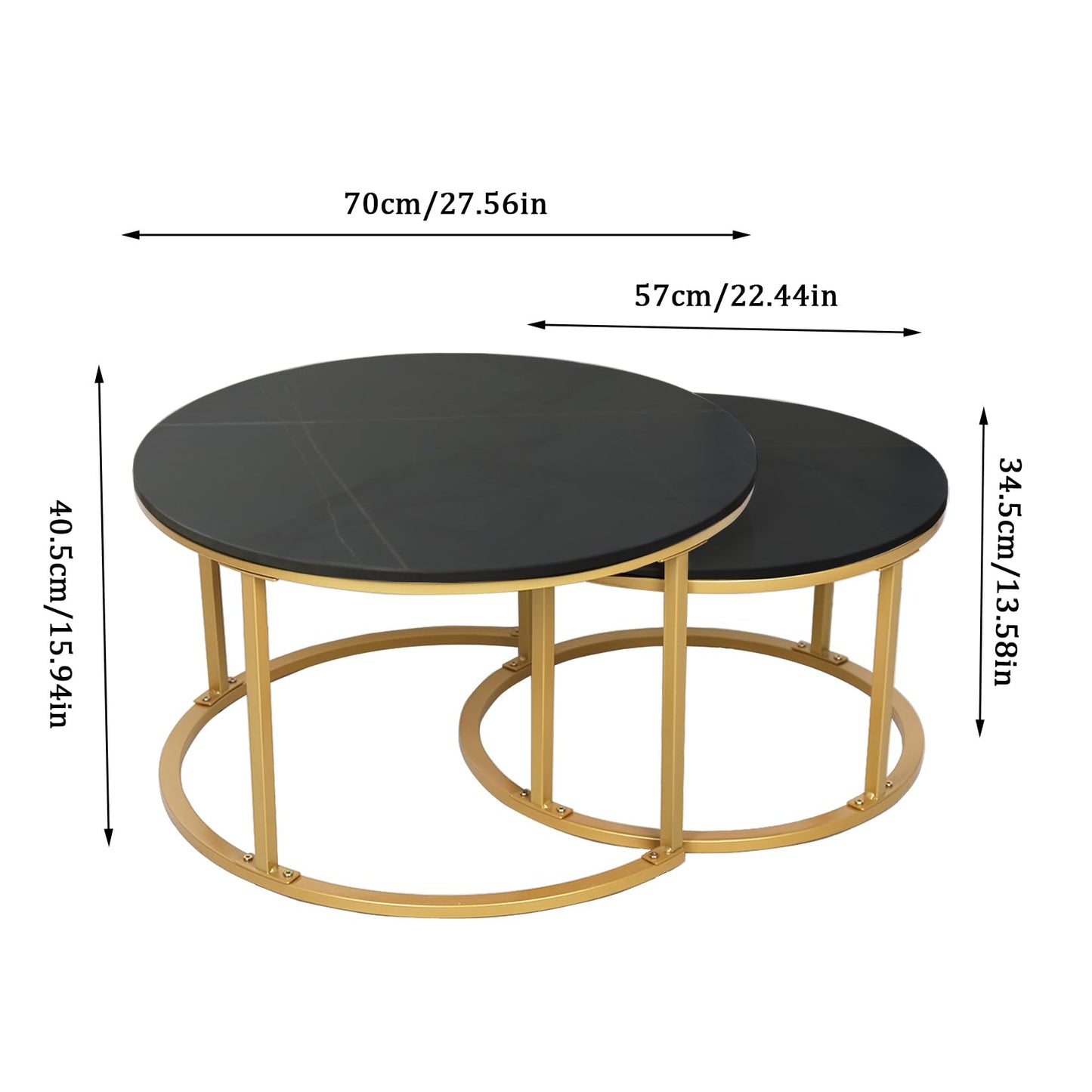 HYGRAD BUILT TO SURVIVE 2 x Round Sintered Stone With Metal Frame Marble Effect Nesting Coffee End Sofa Tables Home Living Room Furniture 70 x 70cm (Black/Gold)