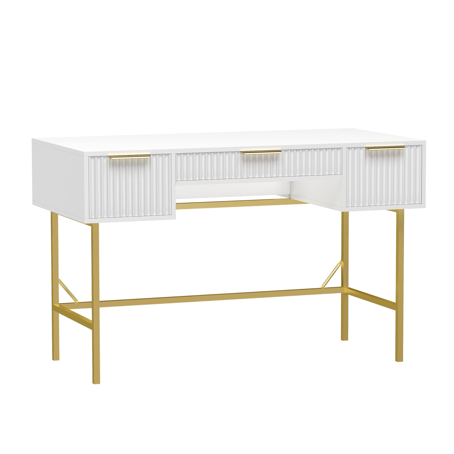 HYGRAD BUILT TO SURVIVE 121cm Wide Free Standing White Wooden Fluted Chic Writing Study Computer Desk Vanity Console Dressing Table 3 Drawers With Gold Metal Frame