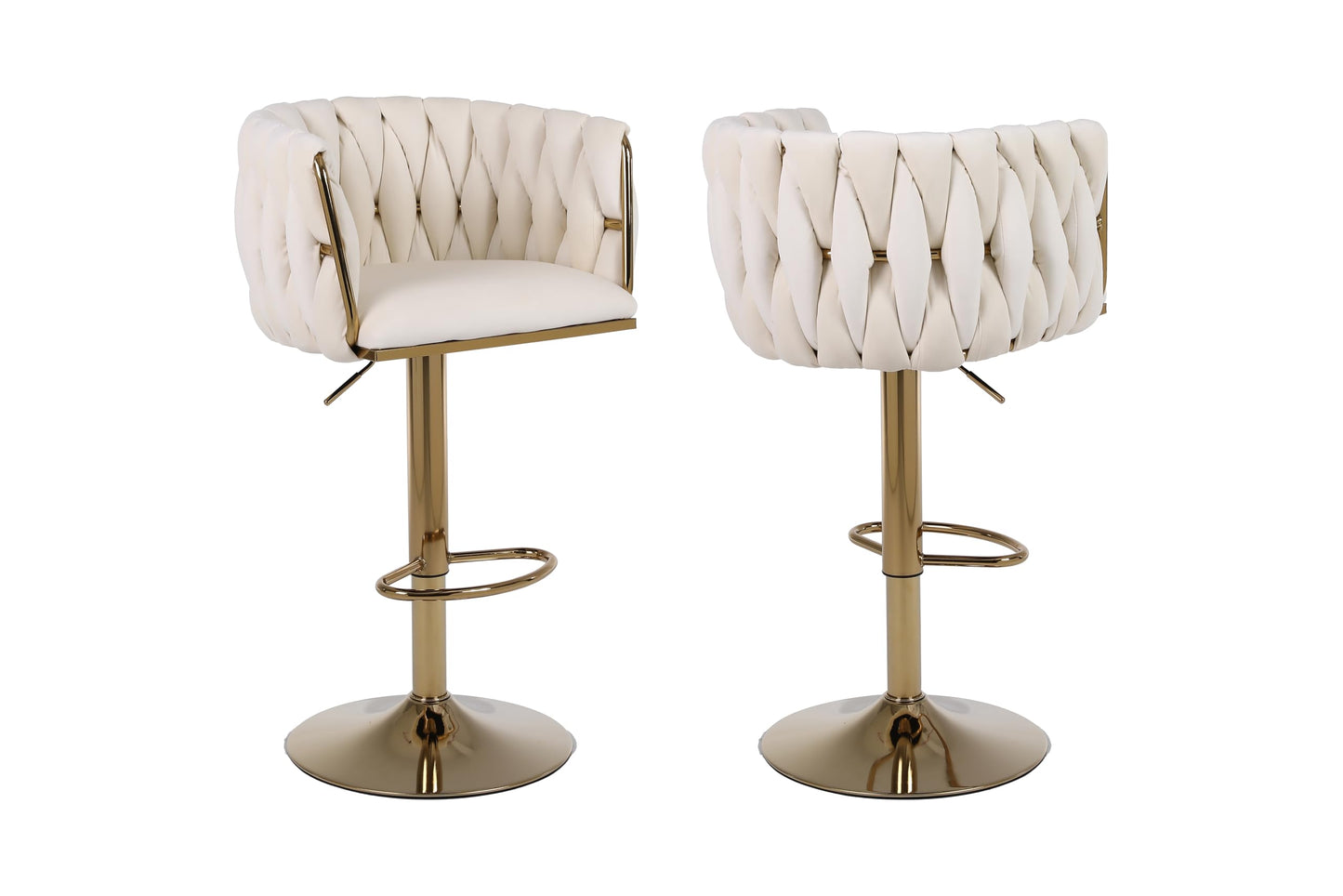 HYGRAD BUILT TO SURVIVE Set of 2 x Velvet Woven Upholstered Adjustable High Swivel Breakfast Bar Pub Home Stool Chair With Gold Metal base & Gas Lift (Cream/Gold)