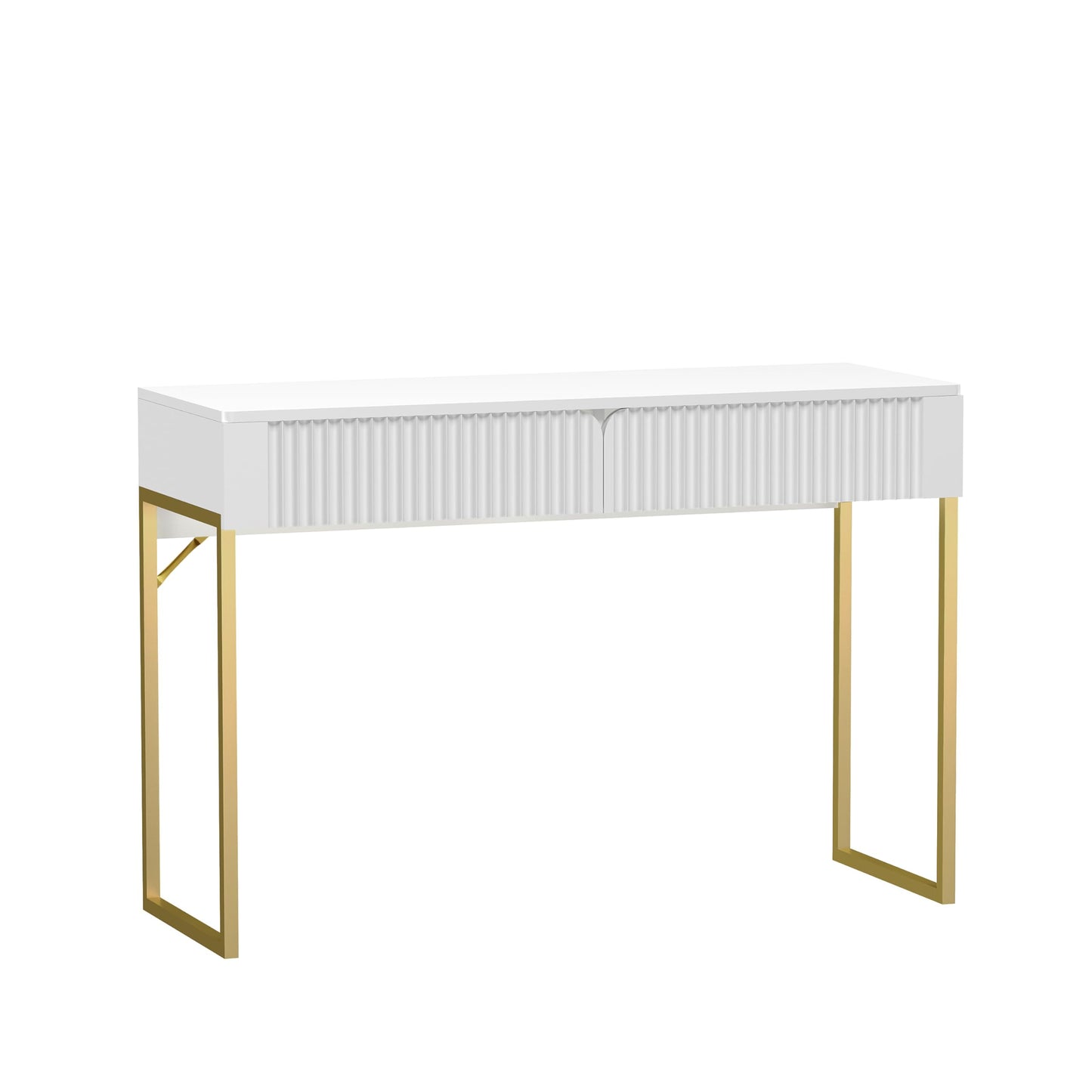 Free Standing White Elegant Fluted Wooden Computer Study Writing Desk Vanity Console Beauty Table With Golden Legs