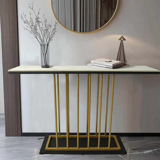 HYGRAD BUILT TO SURVIVE Large Rectangular Free Standing Sintered Stone With Metal Frame Console Sofa End Table Hallway Furniture Home 120cm Wide (White/Gold)