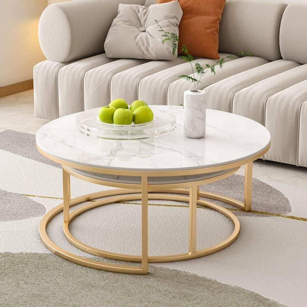 HYGRAD BUILT TO SURVIVE 2 x Round Sintered Stone With Metal Frame Marble Effect Nesting Coffee End Sofa Tables Home Living Room Furniture 70 x 70cm (White/Gold)