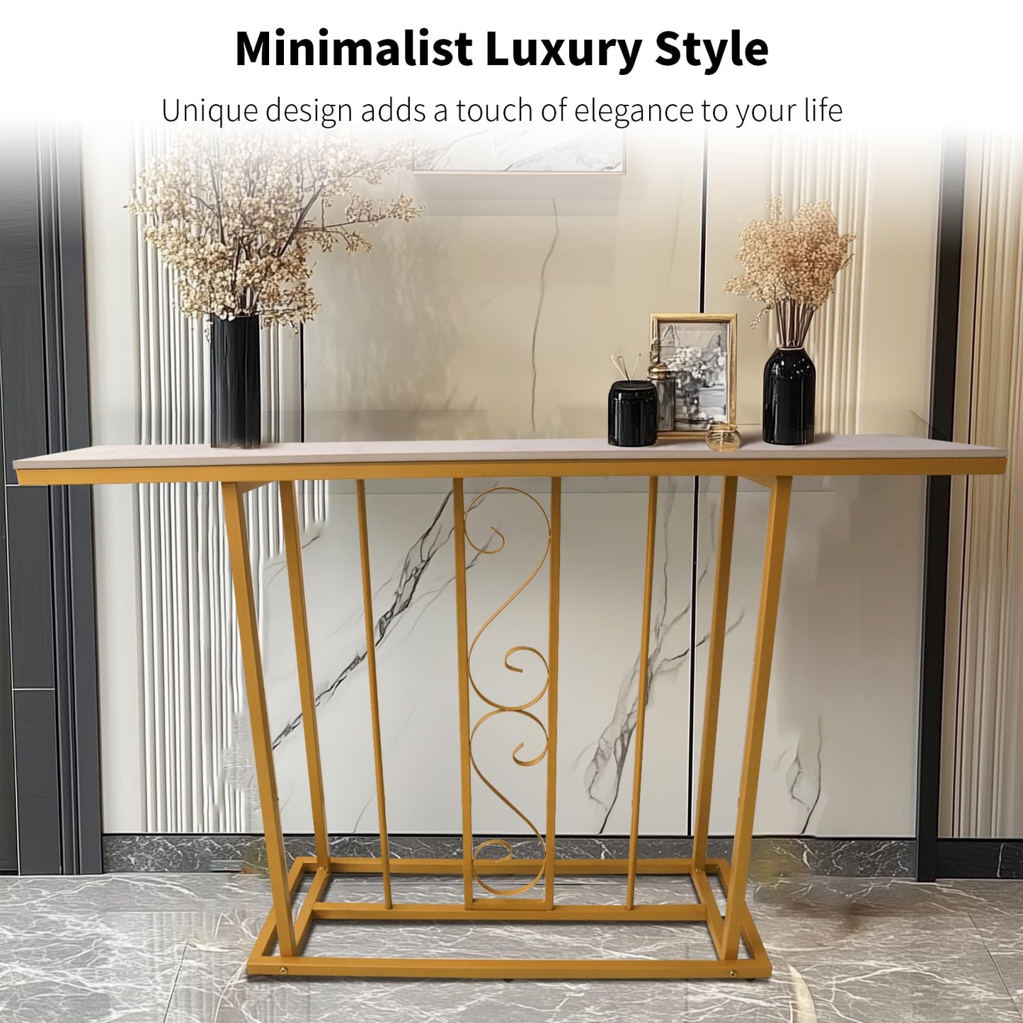 HYGRAD BUILT TO SURVIVE Large Marble Effect Sintered Stone With Metal Frame Free Standing Console Table Hallway Entrance Furniture 120 cm (White/Gold)