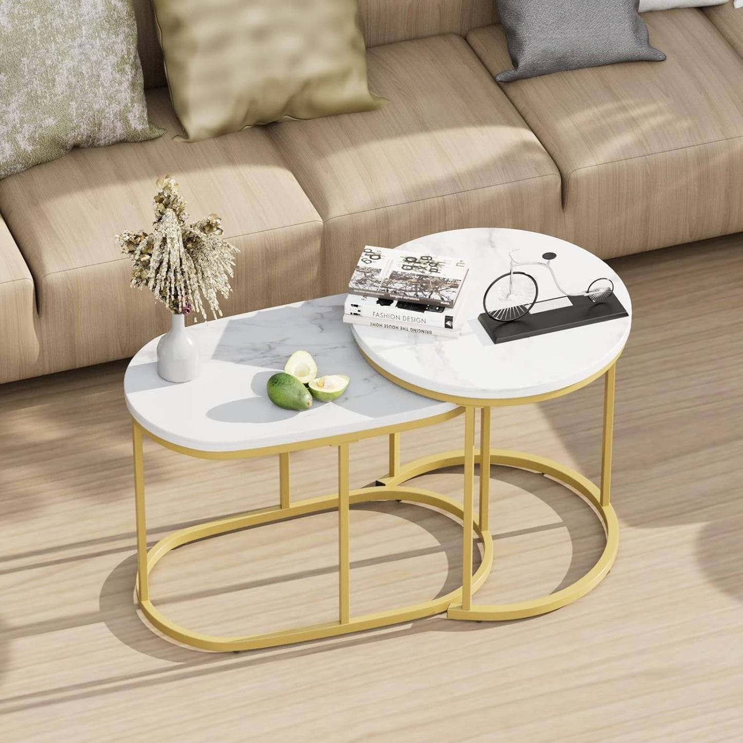 HYGRAD BUILT TO SURVIVE Set of 2 Marble/Metal Round Oval Nesting Side End Coffee Table White/Gold, White/Black, Black/Black & Black/Gold For Home Living Bed Room (White/Gold)