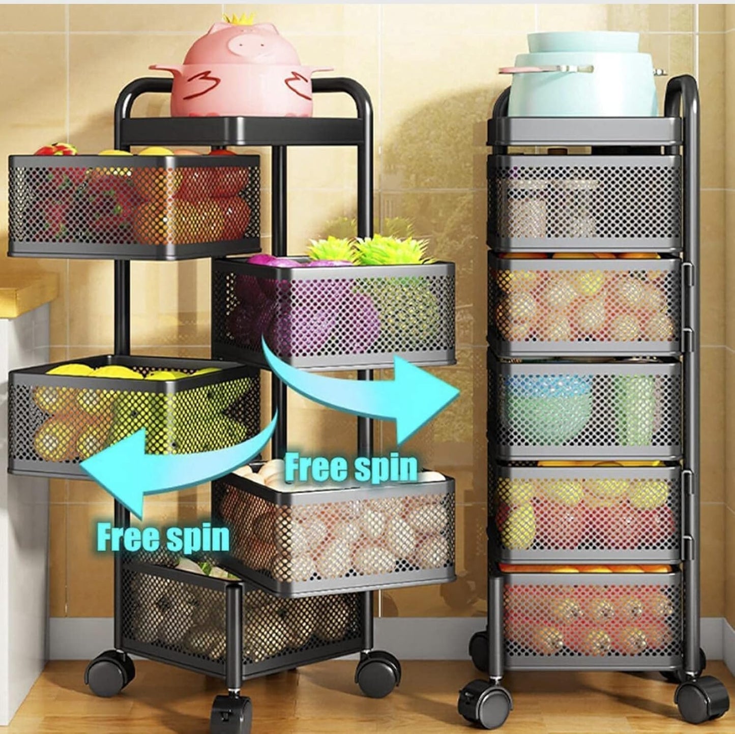 4, 5 Tier Rolling Multi-purpose Metal Rotating Rolling Free Standing Detachable Mesh Potato/Fruits/Vegetable Storage Baskets Shelf Organizer Tidy Kitchen Rack With Wheels (5 Tier)