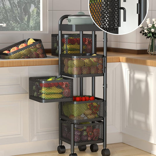 4, 5 Tier Rolling Multi-purpose Metal Rotating Rolling Free Standing Detachable Mesh Potato/Fruits/Vegetable Storage Baskets Shelf Organizer Tidy Kitchen Rack With Wheels (5 Tier)