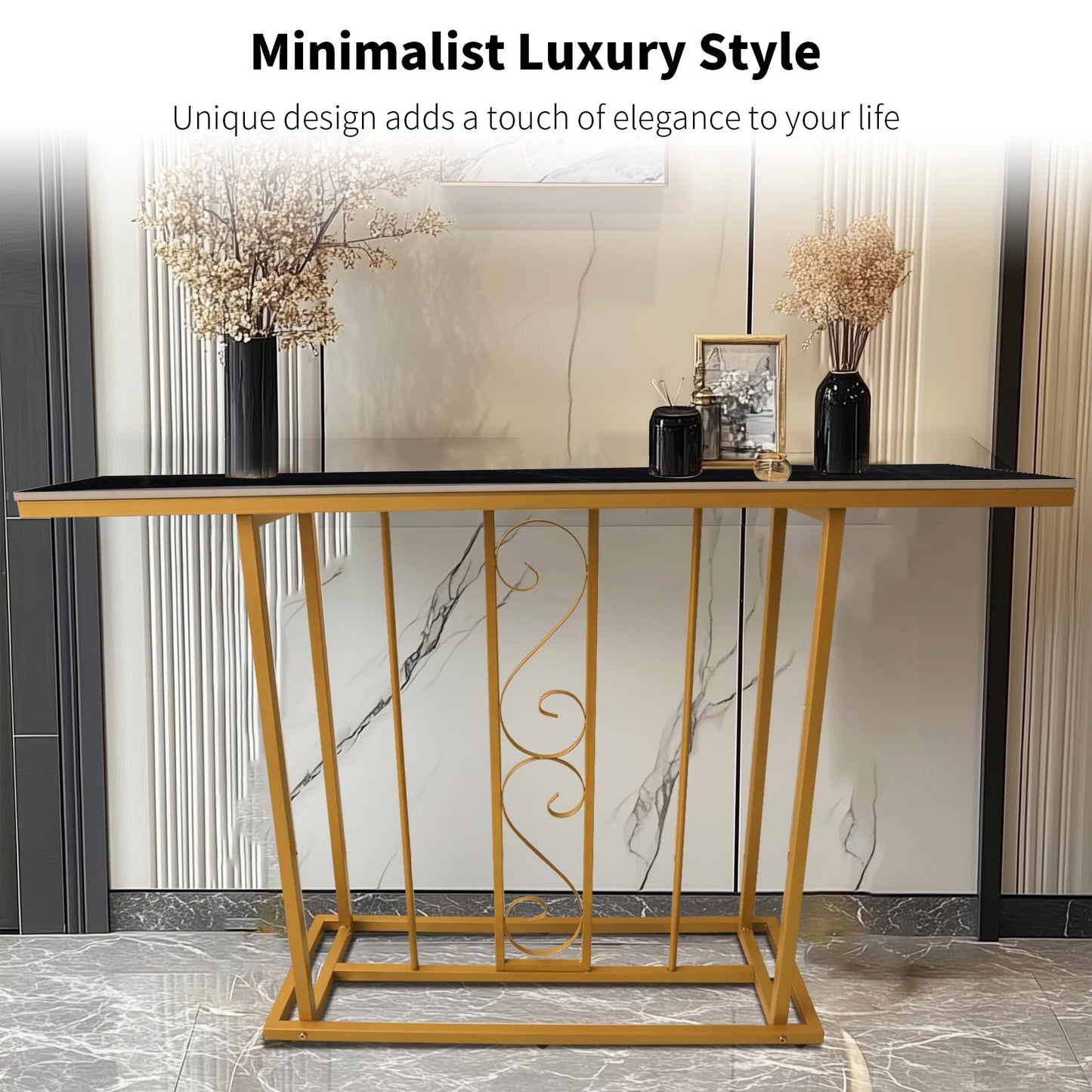 HYGRAD BUILT TO SURVIVE Large Marble Effect Sintered Stone With Metal Frame Free Standing Console Table Hallway Entrance Furniture 120 cm (Black/Gold)