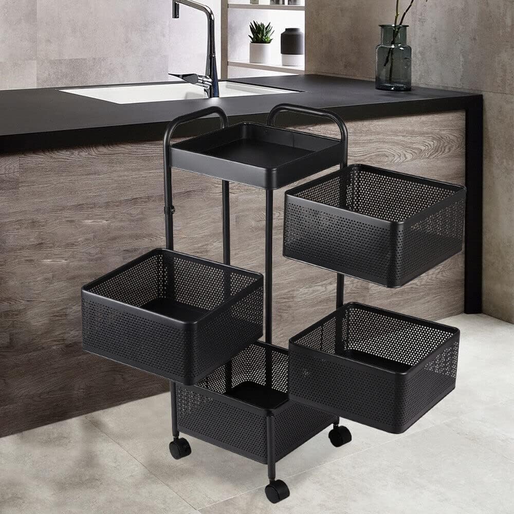 4, 5 Tier Rolling Multi-purpose Metal Rotating Rolling Free Standing Detachable Mesh Potato/Fruits/Vegetable Storage Baskets Shelf Organizer Tidy Kitchen Rack With Wheels (4 Tier)