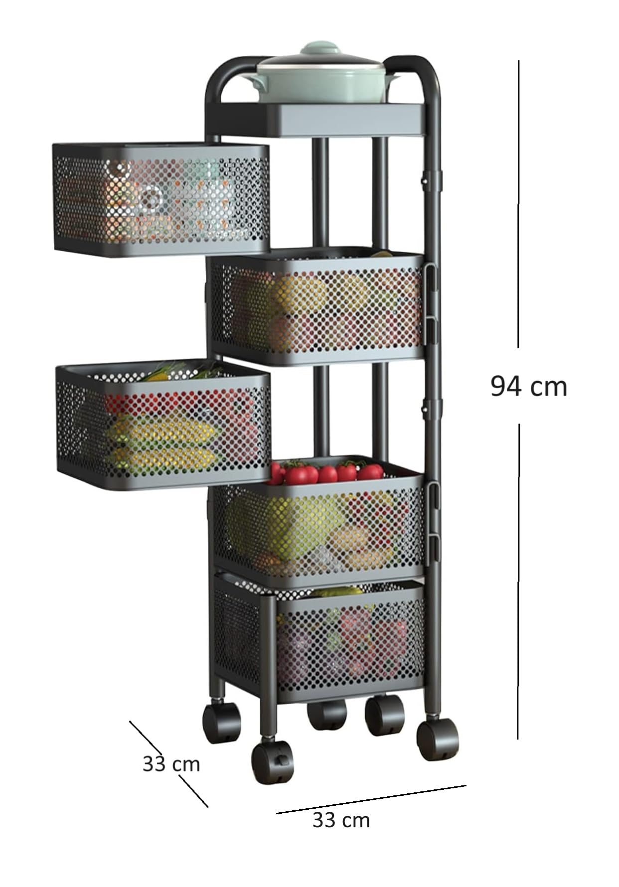 4, 5 Tier Rolling Multi-purpose Metal Rotating Rolling Free Standing Detachable Mesh Potato/Fruits/Vegetable Storage Baskets Shelf Organizer Tidy Kitchen Rack With Wheels (5 Tier)