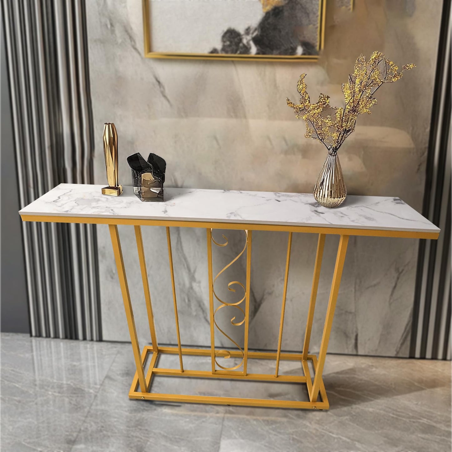 HYGRAD BUILT TO SURVIVE Large Marble Effect Sintered Stone With Metal Frame Free Standing Console Table Hallway Entrance Furniture 120 cm (White/Gold)