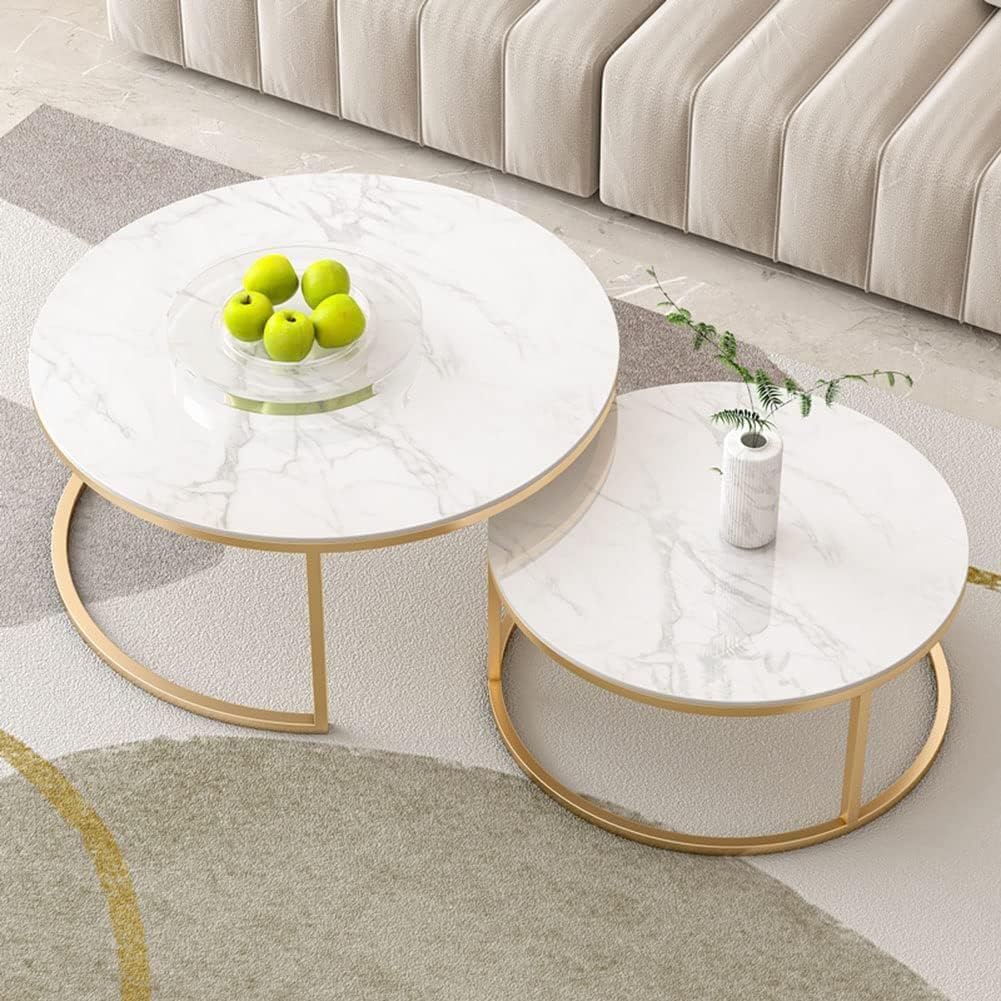 HYGRAD BUILT TO SURVIVE 2 x Round Sintered Stone With Metal Frame Marble Effect Nesting Coffee End Sofa Tables Home Living Room Furniture 70 x 70cm (White/Gold)