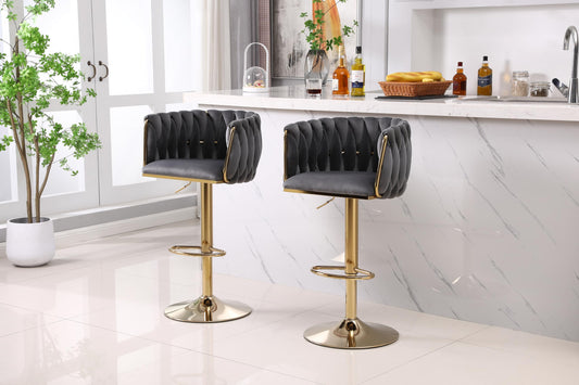 HYGRAD BUILT TO SURVIVE Set of 2 x Velvet Woven Upholstered Adjustable High Swivel Breakfast Bar Pub Home Stool Chair With Gold Metal base & Gas Lift (Grey/Gold)