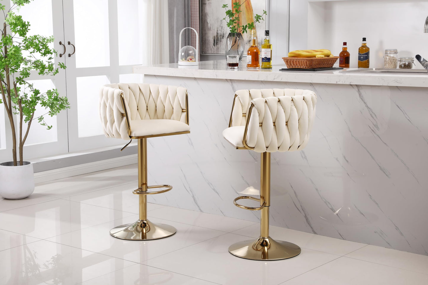 HYGRAD BUILT TO SURVIVE Set of 2 x Velvet Woven Upholstered Adjustable High Swivel Breakfast Bar Pub Home Stool Chair With Gold Metal base & Gas Lift (Cream/Gold)