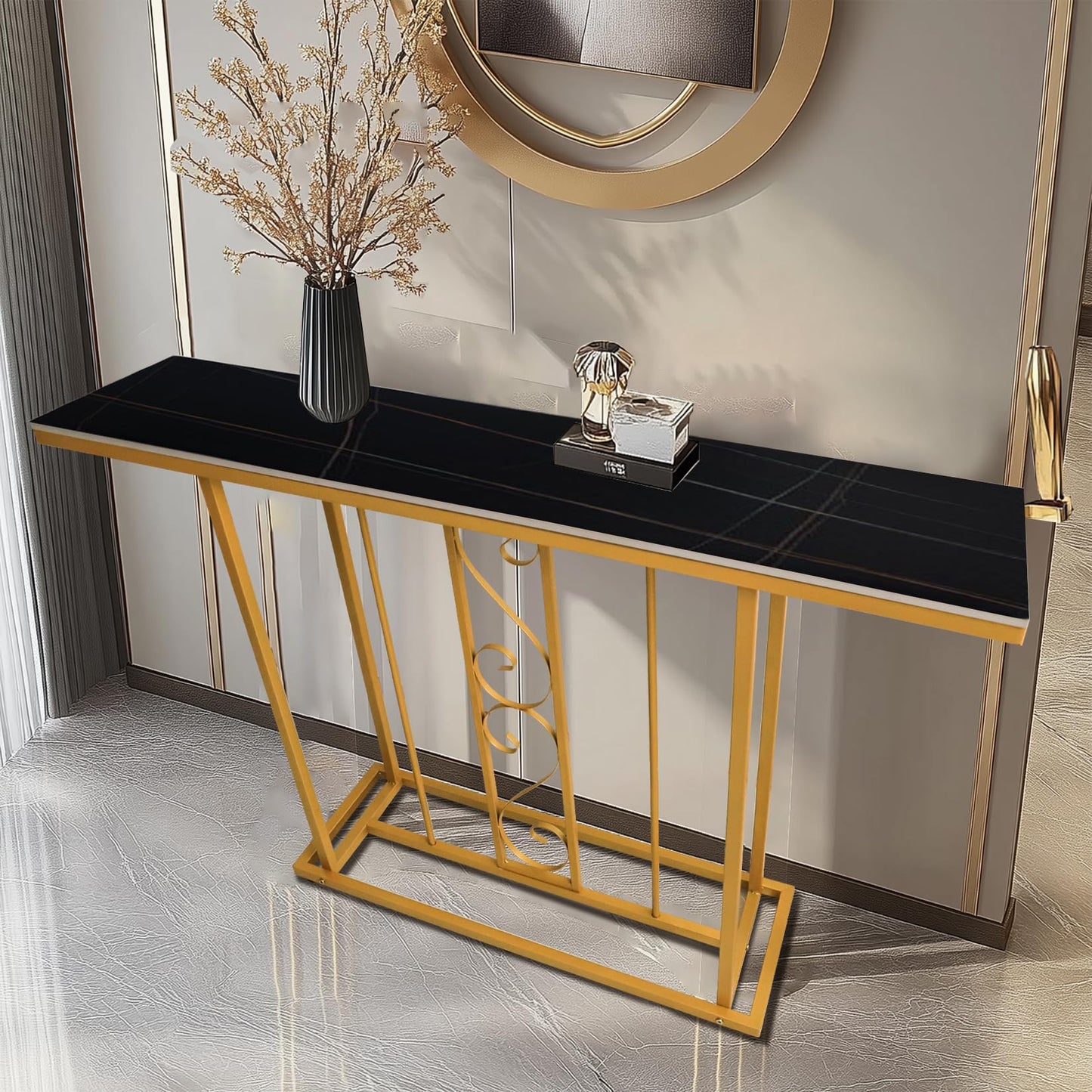 HYGRAD BUILT TO SURVIVE Large Marble Effect Sintered Stone With Metal Frame Free Standing Console Table Hallway Entrance Furniture 120 cm (Black/Gold)