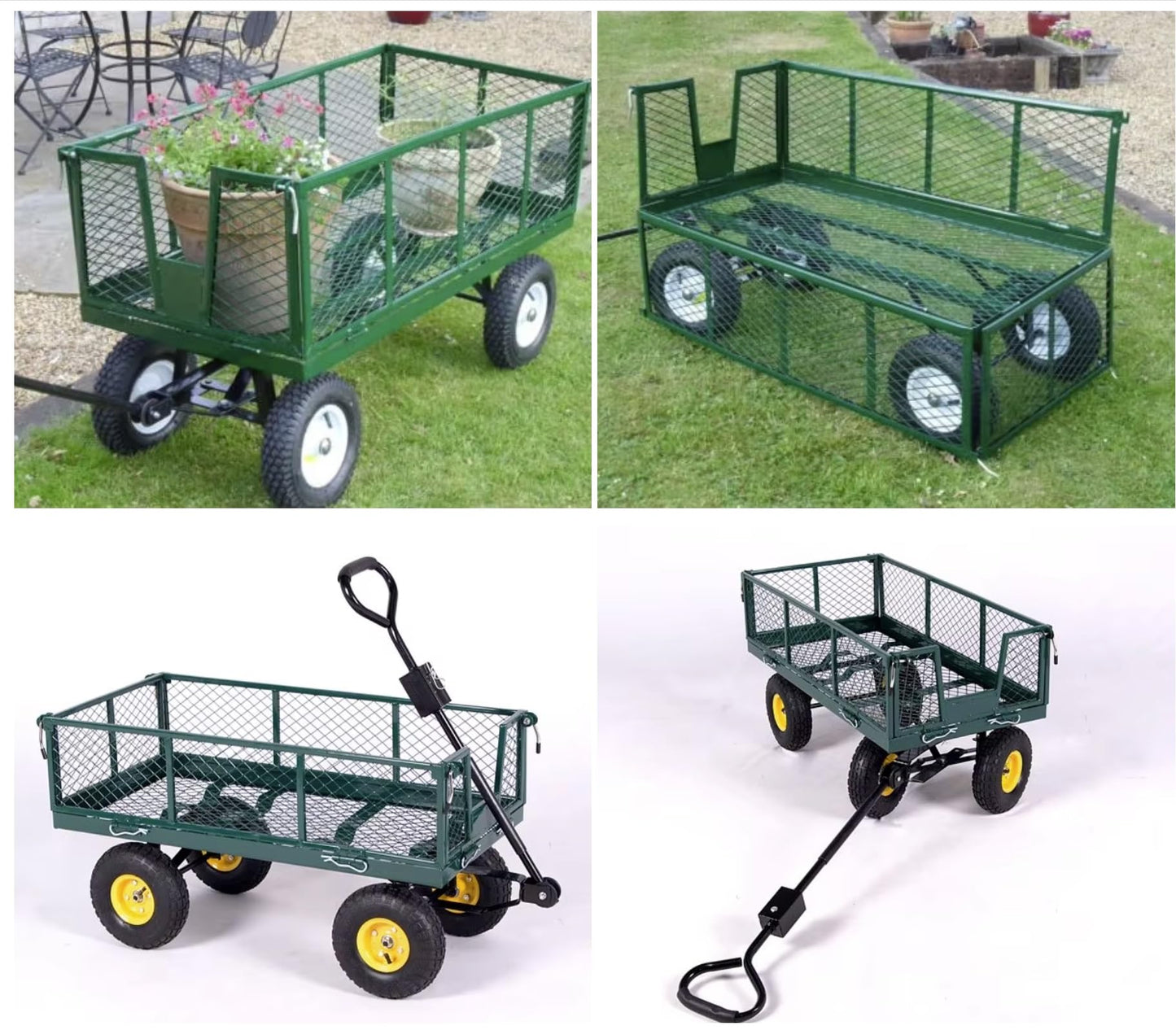 Heavy Duty Steel Mesh Portable Rolling Garden Yard Farm Dump Cart Utility Wagon Beach Trolley 180° Rotating Handle With 4 Pneumatic Wheels