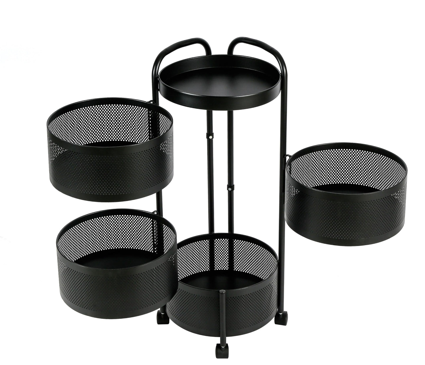 HYGRAD BUILT TO SURVIVE Black Metal Mesh Round Multi-Tier Portable Floor Standing Rotating Kitchen Cart Trolley Organiser Fruit Basket With Wheels (4 Tier)