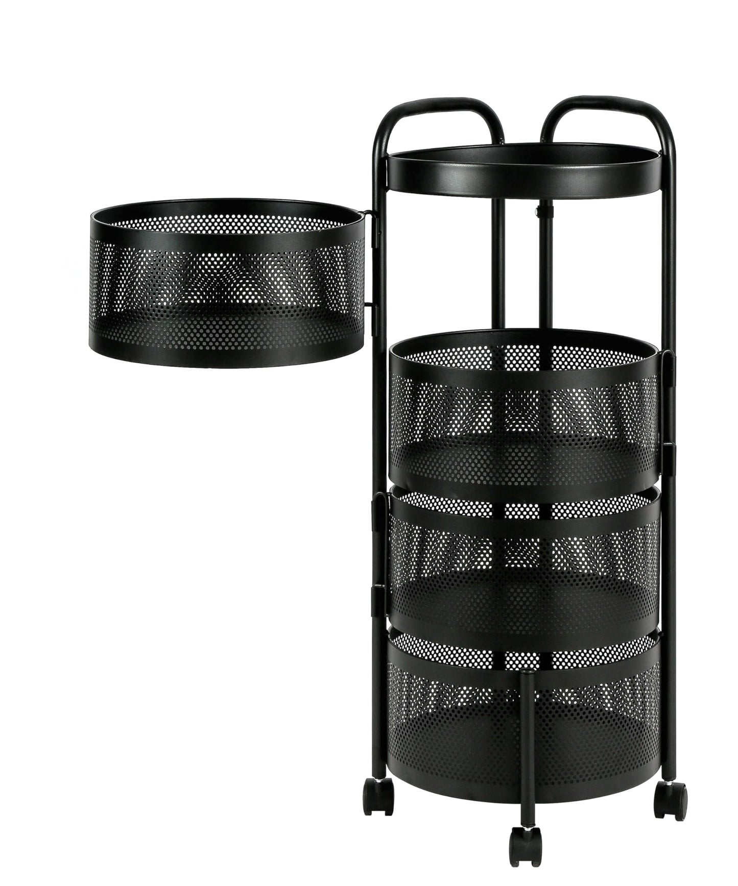 HYGRAD BUILT TO SURVIVE Black Metal Mesh Round Multi-Tier Portable Floor Standing Rotating Kitchen Cart Trolley Organiser Fruit Basket With Wheels (4 Tier)