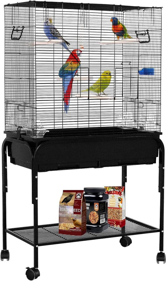 Large Wide Bird Cage Budgie Cage with Stand & Storage Parrot Cage Black Iron Flight Cage for Small lovebird/Cockatiel/Parakeet/Conure/Finch/Budgie/Canary 130cm High with Stand