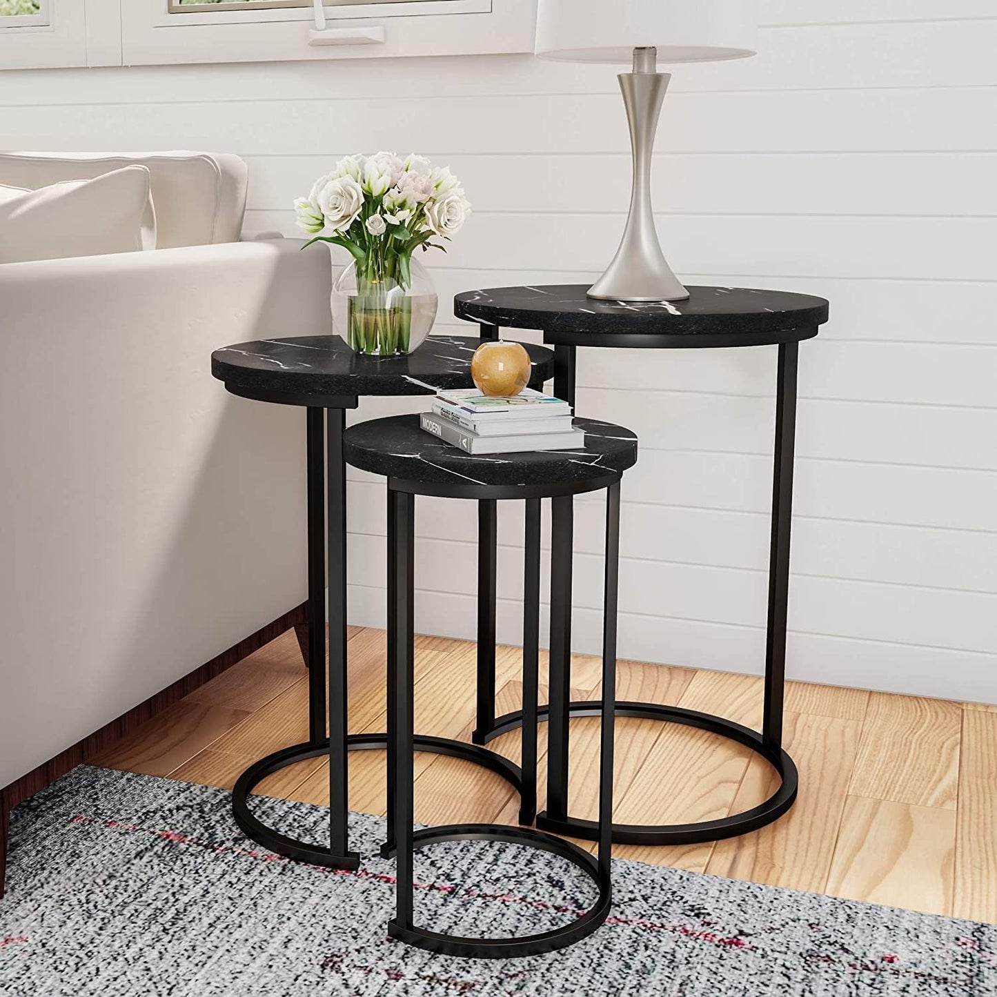 Set of 3 Round Vintage Wooden/Steel Nesting Side Coffee Tables Stacking Sofa Side, Space Saving Coffee Tea Table for Hallway Living Room Bedroom Office Black Marble Look Large, Medium & Small (Black)