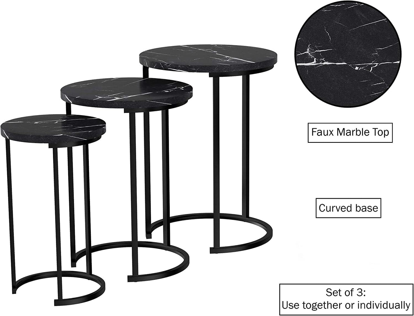 Set of 3 Round Vintage Wooden/Steel Nesting Side Coffee Tables Stacking Sofa Side, Space Saving Coffee Tea Table for Hallway Living Room Bedroom Office Black Marble Look Large, Medium & Small (Black)