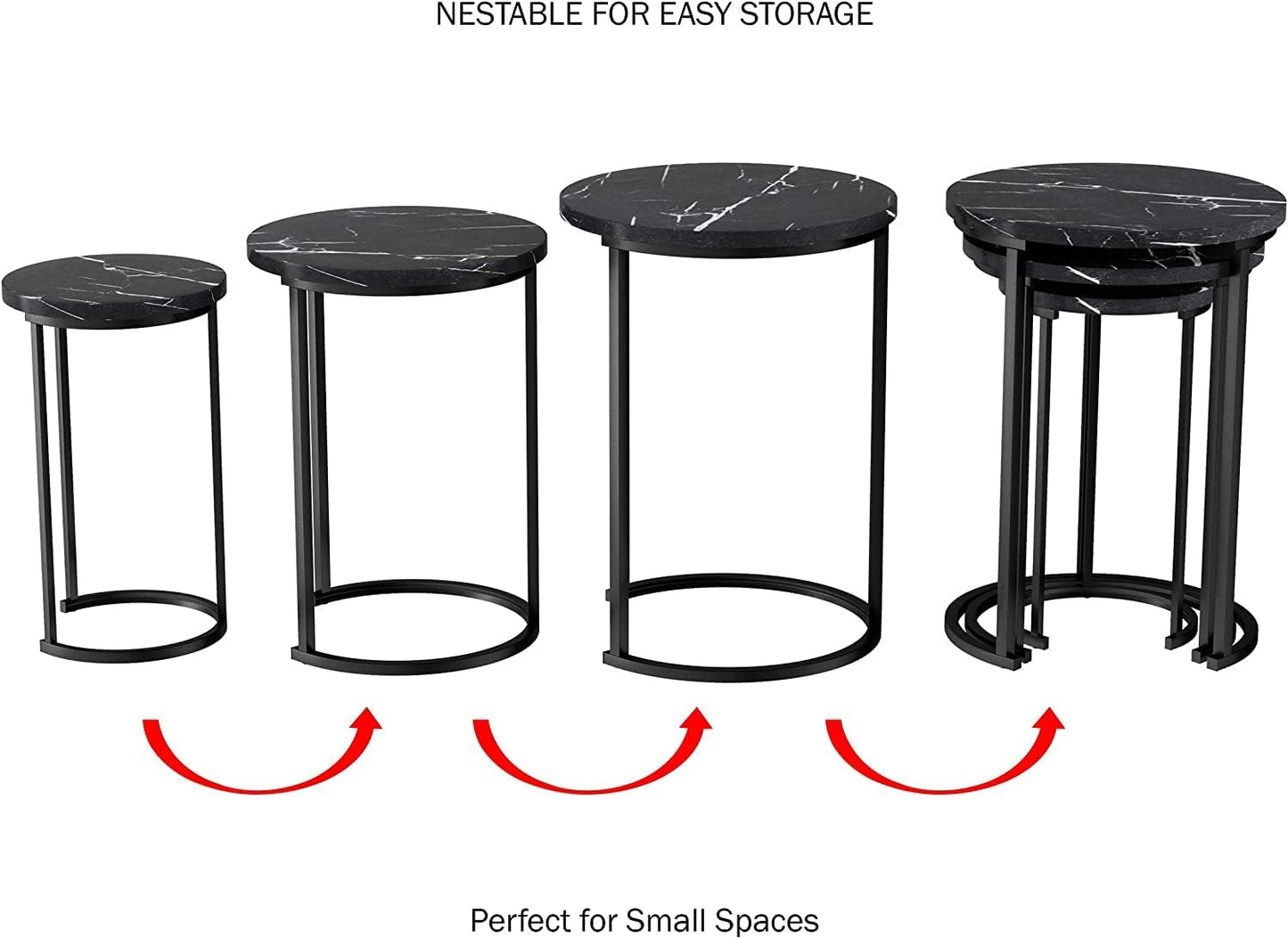 Set of 3 Round Vintage Wooden/Steel Nesting Side Coffee Tables Stacking Sofa Side, Space Saving Coffee Tea Table for Hallway Living Room Bedroom Office Black Marble Look Large, Medium & Small (Black)