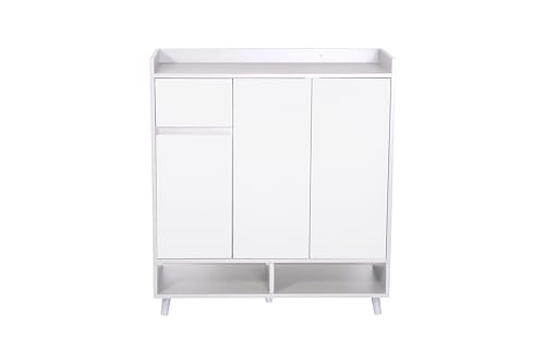 HYGRAD BUILT TO SURVIVE Wooden Shoe Cabinet with 3 Doors 5-Tier Shoe Storage Organiser with 1 Drawer and 1 Cabinet Shoe Cupboard for Hallway, White, 90cm Wide (Full White)