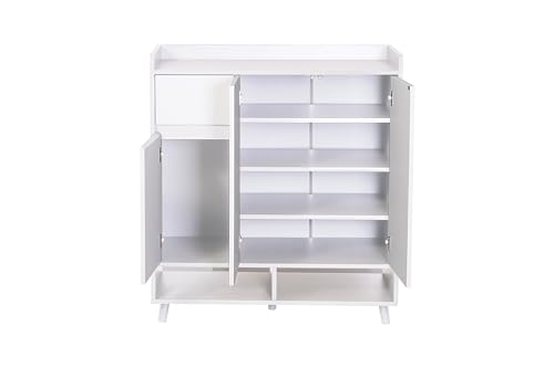 HYGRAD BUILT TO SURVIVE Wooden Shoe Cabinet with 3 Doors 5-Tier Shoe Storage Organiser with 1 Drawer and 1 Cabinet Shoe Cupboard for Hallway, White, 90cm Wide (Full White)