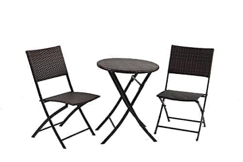 3 Pieces Rattan Wicker Bistro Patio Garden Outdoor Round Folding Table & Chair Set In 2 Colours Garden Furniture Set of 3, Table and Chairs Patio, Folding Set for Garden Corner Balcony Cafe (Brown)