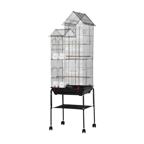 166 cm Double Roof Portable Rolling Metal Bird House Cage Aviary Canary Budgie Parrots With Wheels & Sliding Tray