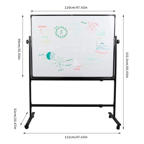 Whiteboard Rolling Double Sided Free Standing Adjustable Board for Home Office School with Wheels (120 x 90cm)