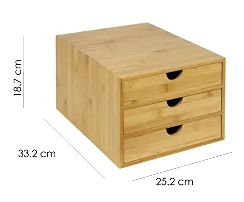 HYGRAD BUILT TO SURVIVE Drawer Bamboo Home Office Desktop Tidy A4 Sturdy Stationary Storage Organiser 3 Tier Wood Home Office Desk Top Table Drawers Tidy Organiser - 18.7cm H X 25.2cm W X 33.2cm D