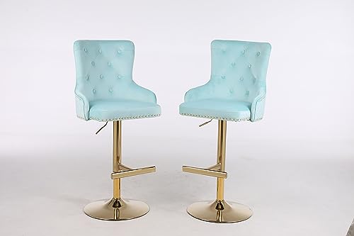 HYGRAD BUILT TO SURVIVE Velvet Upholstery 360 Degree Swivel Breakfast High Bar Home Kitchen Pub Stools Chair Seat With Gas Lift & Metal Base (2, Turquoise)