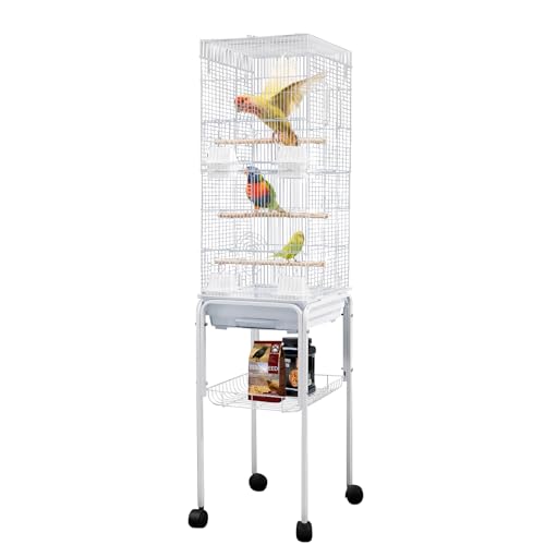 Bird Cage Budgie Cages for Finch Canary Parakeet with Stand Wheels Slide-out Tray Accessories Storage Shelf, White 35 x 40 x 135 cm