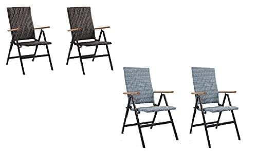 2 x Rattan & Aluminium Folding Reclining Garden Outdoor Indoor Picnic Arm Chair Seat Sun Lounger Set of 2 Outdoor Wicker Folding Chairs Patio 5 Levels Adjustable Backrest Outdoors Camping (Light Grey)