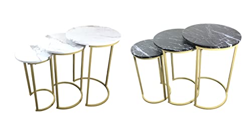 Set of 3 Round Vintage Wooden/Steel Nesting Side Coffee Tables Stacking Sofa Side, Space Saving Coffee Tea Table for Hallway Living Room Bedroom Office Black Marble Look Large, Medium & Small (White)