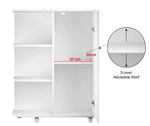 White Wooden Curved Free Floor Standing Kitchen Bathroom Space Saving Cabinet Shelf With Shutter Doors Single Door, Adjustable Shelf, for Living Room, Kitchen, Entryway