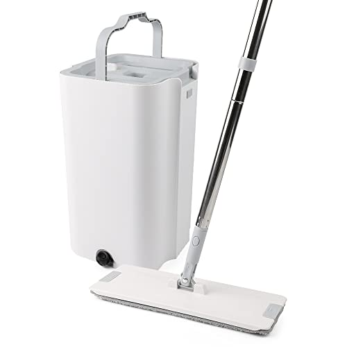 Floor Mop and Bucket Set − Easy Squeeze Mop Bucket, Flat Mop Compact & Lightweight Cleaning System with 360 Rotating Head for All Floors Types. Microfibre Reusable Wet and Dry Mop