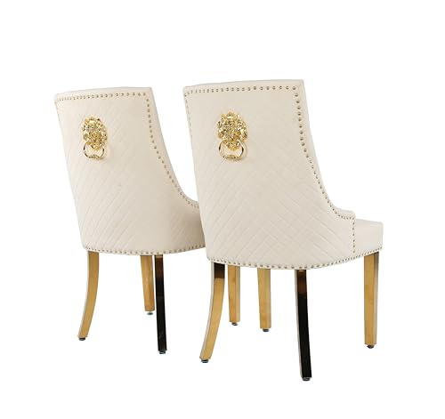 HYGRAD BUILT TO SURVIVE Velvet Upholstered Seat Luxury Dining Accent Chair With Gold Metal Legs Gold For Home Office Study Hallway (2, Cream)