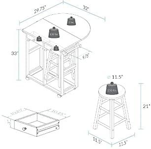 White Wooden Portable Drop Leaf Folding Rolling Kitchen Island Trolley Table Desk with Stools