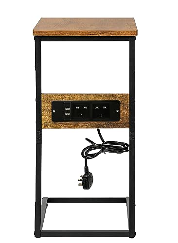 HYGRAD BUILT TO SURVIVE C-Shaped Wooden Industrial Look End Bedside Table Lap Desk With UK Plug Charging Station USB Ports Home Office