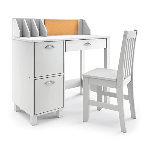 Wooden White Study Desk for Children with Chair, Bulletin Board and Drawers, Gift for Ages 5-14 Computer Desk Home School Student Study PC Writing Desks Table for Small Spaces Teen Work