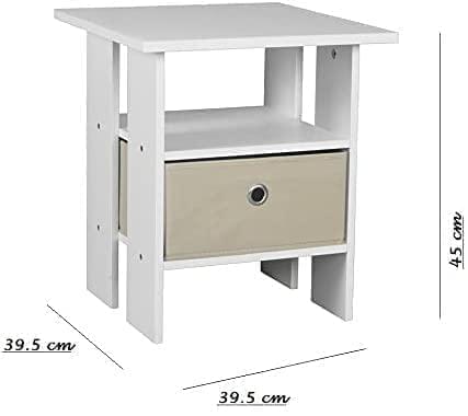 2 x White Wooden Bed Side Table Nightstand Shelf With Removable Canvas Drawer