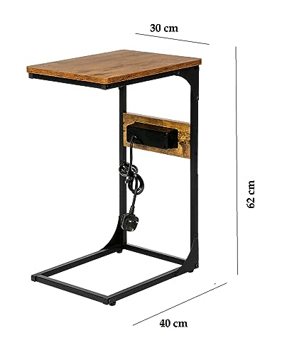 HYGRAD BUILT TO SURVIVE C-Shaped Wooden Industrial Look End Bedside Table Lap Desk With UK Plug Charging Station USB Ports Home Office