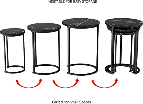 Set of 3 Round Vintage Wooden/Steel Nesting Side Coffee Tables Stacking Sofa Side, Space Saving Coffee Tea Table for Hallway Living Room Bedroom Office Black Marble Look Large, Medium & Small (Black)