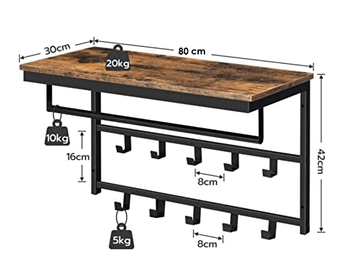 HYGRAD BUILT TO SURVIVE Coat Rack Wall-Mounted, Coat Hook with 10 Hooks and Shelf, ‎80 x 30 x 42 cm, Hanging Rail, for Entryway, Bathroom, Living Room, Laundry Room, Rustic Brown