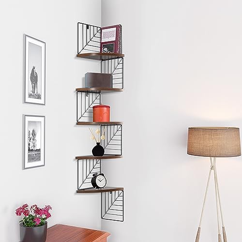 HYGRAD BUILT TO SURVIVE 5 Tier Wooden/Iron Leaf Design Wall Mounted Hanging Floating Corner Shelf Rack Organiser Display Unit