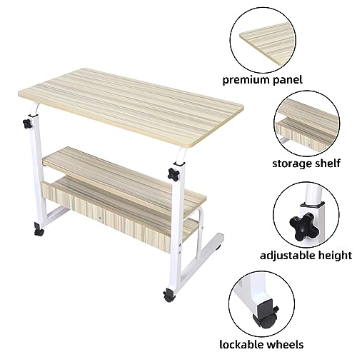 Adjustable Portable Rolling Bedside Work Breakfast Laptop Tray Table Desk Station Portable Overbed/Chair Table Sofa Side Notebook Laptop Desk PC Stand Height Adjustable w/Lockable 4 Castors & Wooden