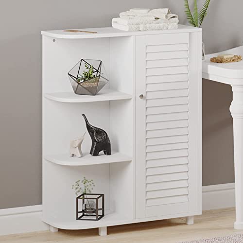 White Wooden Curved Free Floor Standing Kitchen Bathroom Space Saving Cabinet Shelf With Shutter Doors Single Door, Adjustable Shelf, for Living Room, Kitchen, Entryway