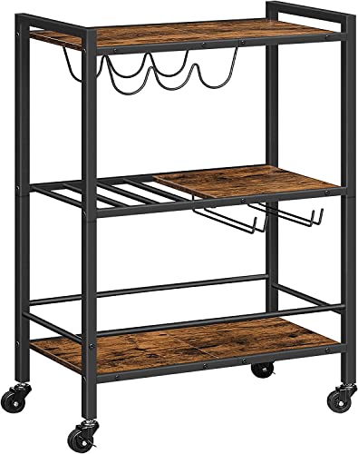 3 Tier Rolling Industrial Design Rustic Wooden Bar Kitchen Food Serving Cart Trolley Wheels Bar Cart, Kitchen Cart with Lockable Wheels, for Dining Rooms, Living Room, Garden, Party, Bar